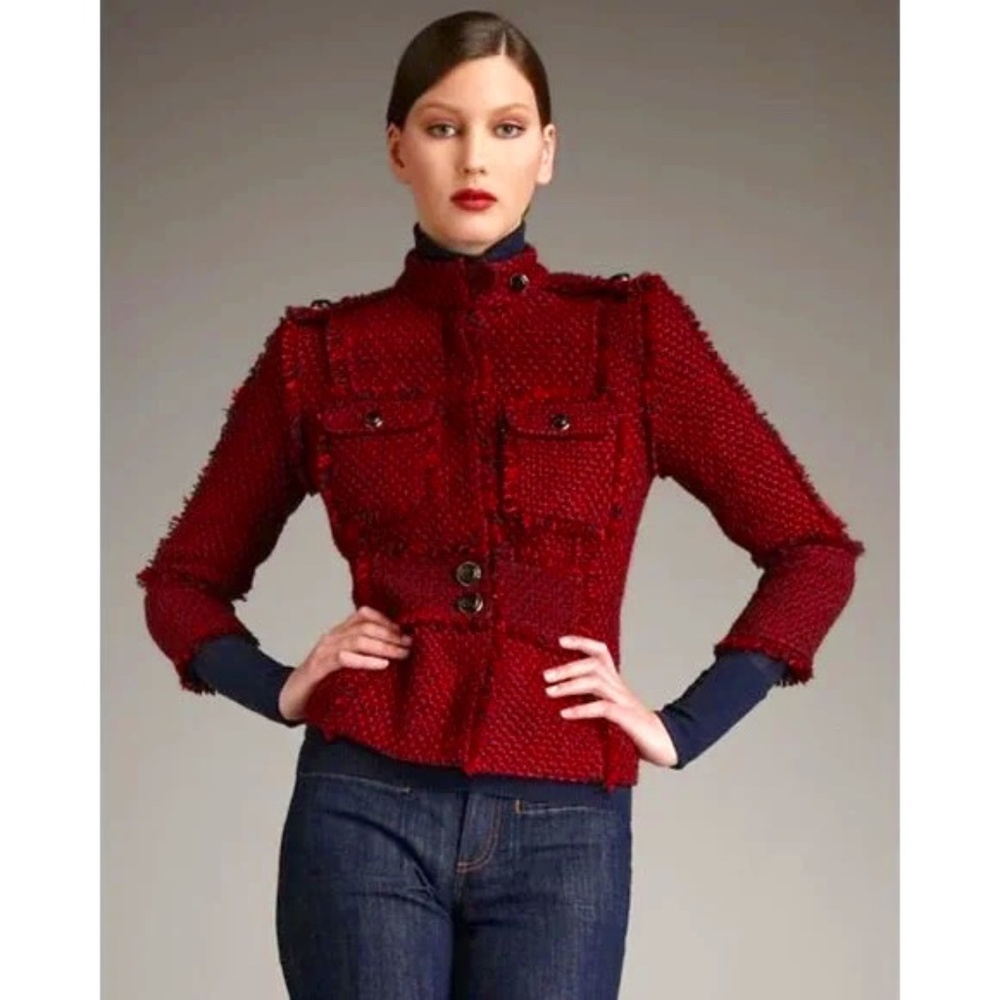 Tory Burch Kington Tweed Jacket Size 8 Berry Red